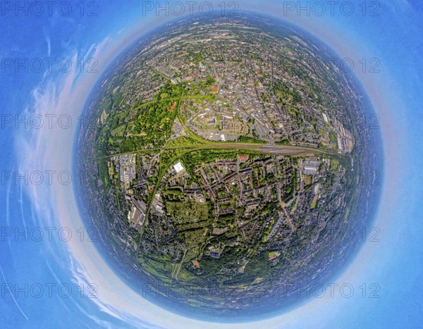 Aerial view, city centre Gelsenkirchen, main station railway tracks, Bahnhofstraße and Ringstraße, pedestrian zone, globe, fisheye image, 360 degree image, tiny world, little planet, fisheye image, Neustadt, Gelsenkirchen, Ruhr area, North Rhine-Westphalia, Germany