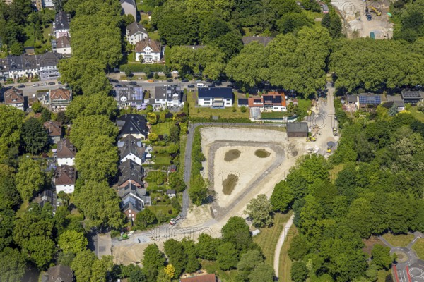 Aerial view, construction site at Sellmannsbach Bulmker Straße, green trees, Bulmke-Hüllen, Gelsenkirchen, Ruhr area, North Rhine-Westphalia, Germany
