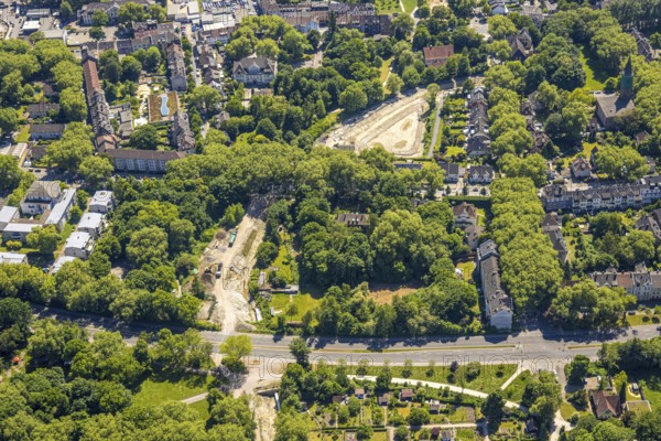 Aerial view, construction site at Sellmannsbach Bulmker Straße, green trees, Bulmke-Hüllen, Gelsenkirchen, Ruhr area, North Rhine-Westphalia, Germany