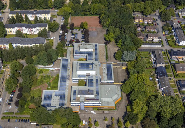 Aerial view, Ingeborg-Drewitz comprehensive school with solar roof, Rentfort, Gladbeck, Ruhr area, North Rhine-Westphalia, Germany
