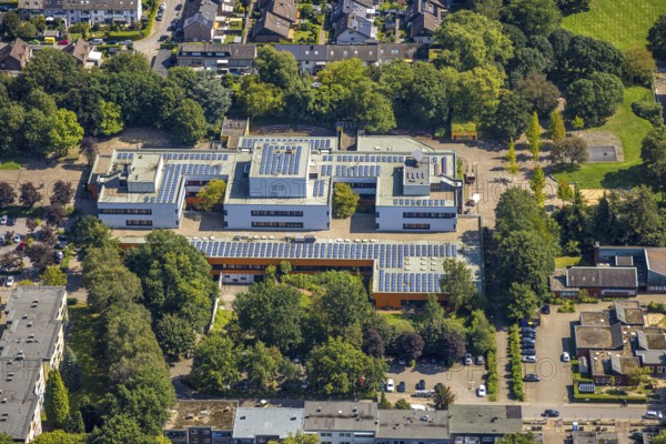 Aerial view, Ingeborg-Drewitz comprehensive school with solar roof, Rentfort, Gladbeck, Ruhr area, North Rhine-Westphalia, Germany