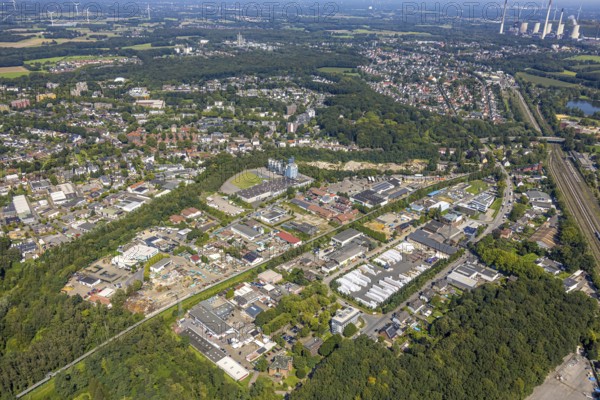 Aerial view, Möllerstraße industrial estate, Scholven power station in the background, Ellinghorst, Gladbeck, Ruhr area, North Rhine-Westphalia, Germany