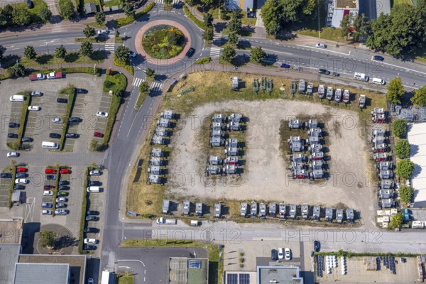 Aerial view, Rockwoolstraße roundabout and car park with car trailer at Ellinghorst business park, Ellinghorst, Gladbeck, Ruhr area, North Rhine-Westphalia, Germany