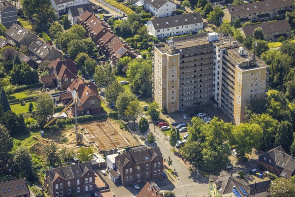Aerial view, problem high-rise building Steinstraße and construction site new development area, Butendorf, Gladbeck, Ruhr area, North Rhine-Westphalia, Germany