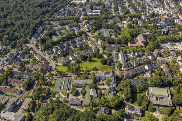 Aerial view, residential area at Jovyplatz Park and pond, Gladbeck police station, kreativAmt office space rental, district court and Riesener Gymnasium, Gladbeck, Ruhr area, North Rhine-Westphalia, Germany