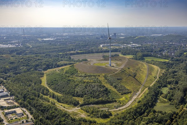 Aerial view, Mottbruchhalde with wind turbine and distant view, Brauck, Gladbeck, Ruhr area, North Rhine-Westphalia, Germany
