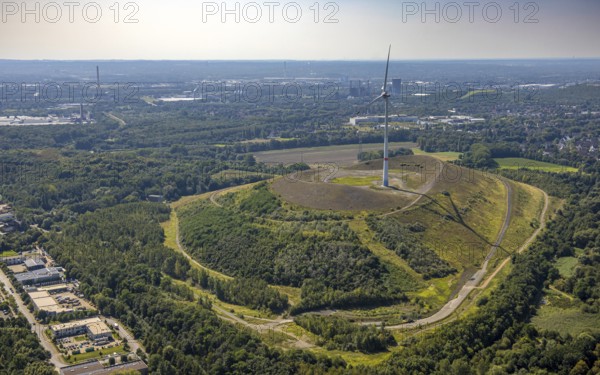 Aerial view, Mottbruchhalde with wind turbine and distant view, Brauck, Gladbeck, Ruhr area, North Rhine-Westphalia, Germany