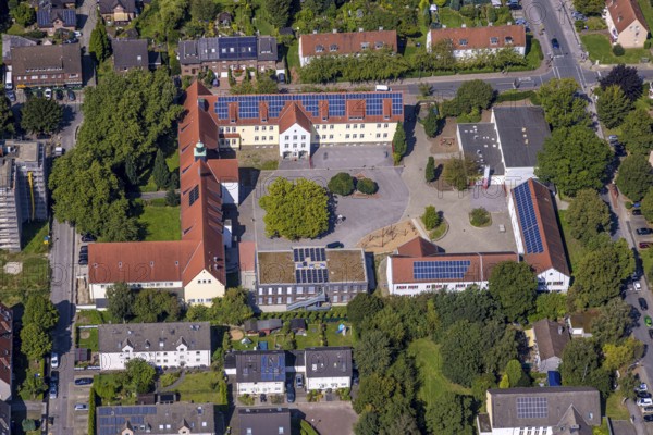 Aerial view, Südparkschule and schoolyard with tree, Brauck, Gladbeck, Ruhr area, North Rhine-Westphalia, Germany