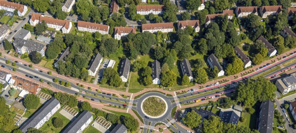 Aerial view, road traffic and planted roundabout Horster Straße and Wiesmannstraße, red marked cycle path, Gladbeck lettering in colourful capital letters with sculpture Alwine, Brauck, Gladbeck, Ruhr area, North Rhine-Westphalia, Germany