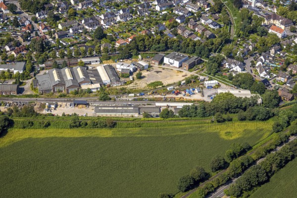 Aerial view, railway line at the industrial estate Tauschlagstraße and Werkstraße, Nordpark pond and lake, Rentfort, Gladbeck, Ruhr area, North Rhine-Westphalia, Germany