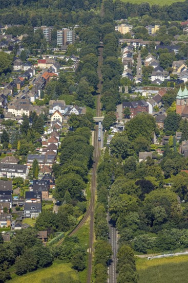 Aerial view, railway line with suburban railway, green trees, bridge Beethovenstraße, Zweckel, Gladbeck, Ruhr area, North Rhine-Westphalia, Germany