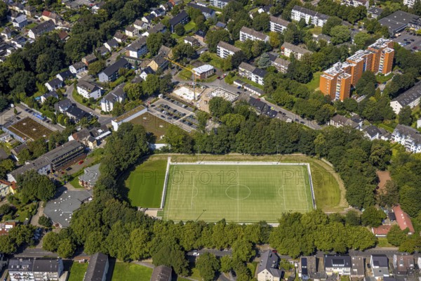 Aerial view, football stadium SV Zweckel 23 e.V. football club, construction site with new building on Brunnenstraße, Zweckel, Gladbeck, Ruhr area, North Rhine-Westphalia, Germany