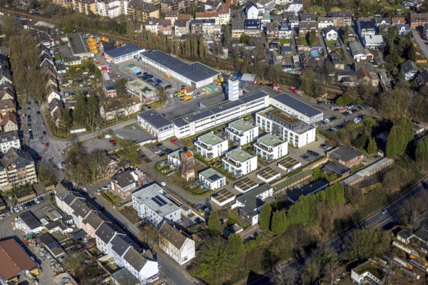 Aerial view, fire brigade rescue station and fire brigade defence tower, new housing estate Roter Turm, behind central depot Gladbeck ZBG with solar roof, Gladbeck, Ruhr area, North Rhine-Westphalia, Germany