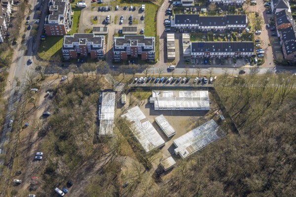 Aerial view, container village refugee accommodation on the Horster Straße fairground, Butendorf, Gladbeck, Ruhr area, North Rhine-Westphalia, Germany