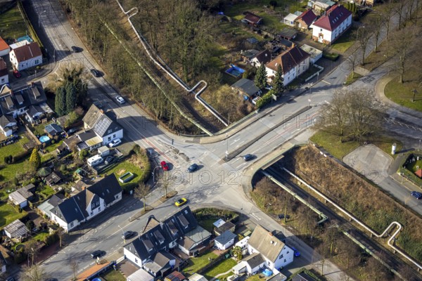 Aerial view, bridge Arenbergstraße over pipelines and railway line, road traffic, Rentfort, Gladbeck, Ruhr area, North Rhine-Westphalia, Germany