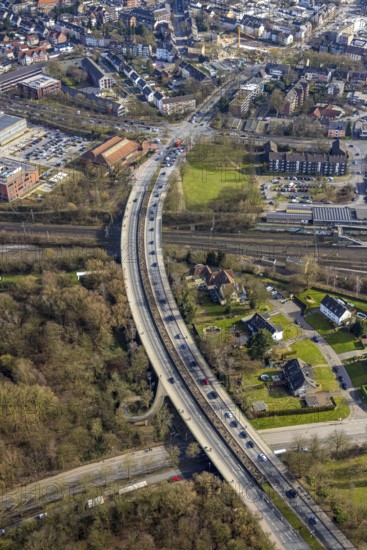 Aerial view, road traffic, Sandstraße bridge at Gladbeck-West railway station, Artur-Schirrmacher-Sporthalle, Rentfort, Gladbeck, Ruhr area, North Rhine-Westphalia, Germany