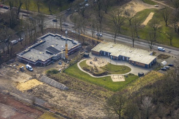 Aerial view, Städt. Kita Berliner Straße kindergarten, construction site with new kindergarten on the corner of Berliner Straße and Entfieldstraße, Rentfort, Gladbeck, Ruhr area, North Rhine-Westphalia, Germany