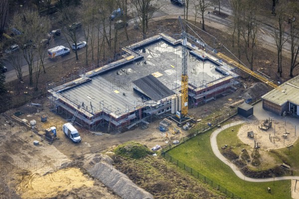 Aerial view, construction site with new kindergarten daycare centre on the corner of Berliner Straße and Entfieldstraße, Rentfort, Gladbeck, Ruhr area, North Rhine-Westphalia, Germany
