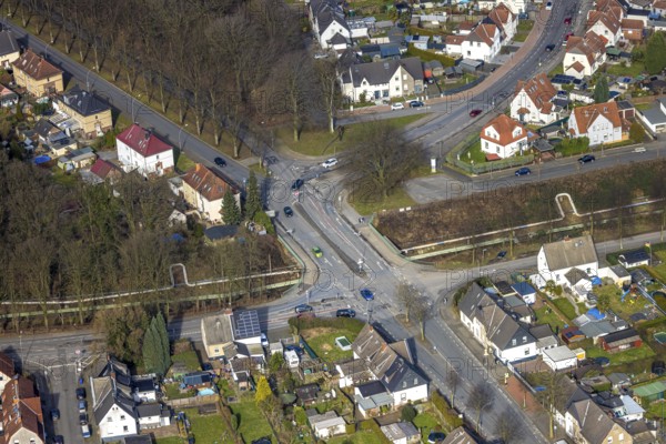 Aerial view, bridge Arenbergstraße over pipelines and railway line, road traffic, Rentfort, Gladbeck, Ruhr area, North Rhine-Westphalia, Germany