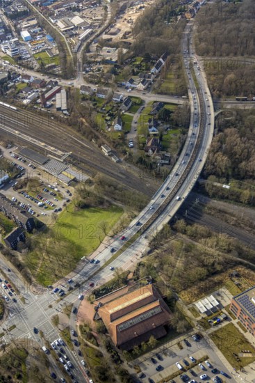 Aerial view, road traffic bridge Sandstraße and railway station Gladbeck-West, Artur-Schirrmacher-Sporthalle, Rentfort, Gladbeck, Ruhr area, North Rhine-Westphalia, Germany