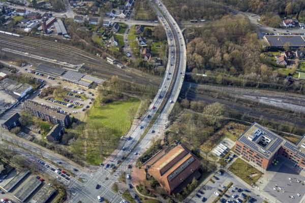 Aerial view, road traffic bridge Sandstraße and railway station Gladbeck-West, Artur-Schirrmacher-Sporthalle, Rentfort, Gladbeck, Ruhr area, North Rhine-Westphalia, Germany