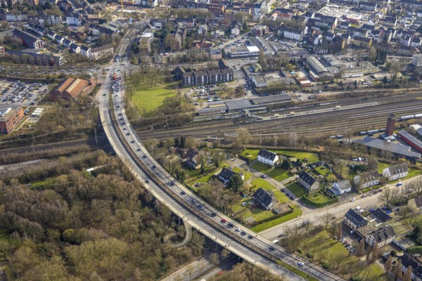 Aerial view, road traffic, Sandstraße bridge at Gladbeck-West railway station, Artur-Schirrmacher-Sporthalle, Rentfort, Gladbeck, Ruhr area, North Rhine-Westphalia, Germany