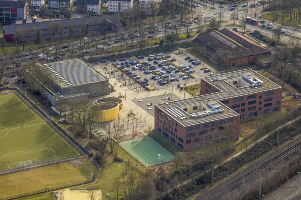 Aerial view, Heisenberg Gymnasium and Artur-Schirrmacher-Sporthalle with car parks, Gladbeck, Ruhr area, North Rhine-Westphalia, Germany
