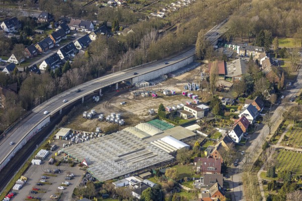 Aerial view, Schellewald garden centre on Hochstraße with Zweckeler Straße bridge and parking space, Feldhauser Straße residential area, Zweckel, Gladbeck, Ruhr area, North Rhine-Westphalia, Germany