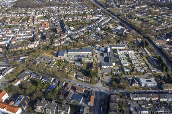 Aerial view, fire station and fire defence tower, new housing estate Roter Turm, central depot Gladbeck ZBG with solar roof, Gladbeck, Ruhr area, North Rhine-Westphalia, Germany