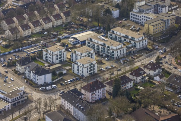 Aerial view, new housing estate Wilhelmstraße corner Goethestraße, new building for housing and social services on the former Mercedes-Lueg site, Gladbeck, Ruhr area, North Rhine-Westphalia, Germany
