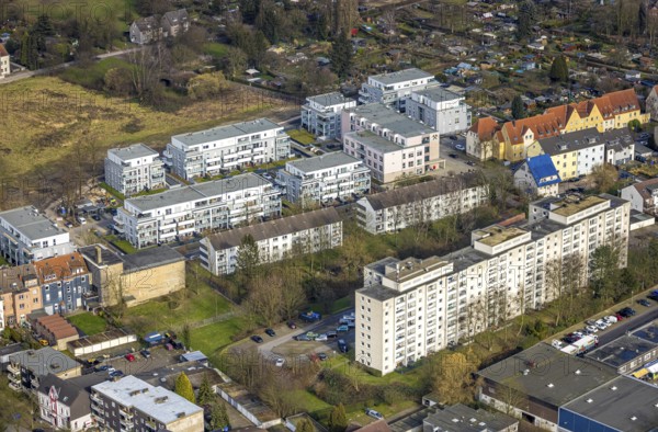 Aerial view, new housing estate Schlägelstrasse and Eisenstrasse, high-rise apartment block on Leineweberweg, Zweckel, Gladbeck, Ruhr area, North Rhine-Westphalia, Germany