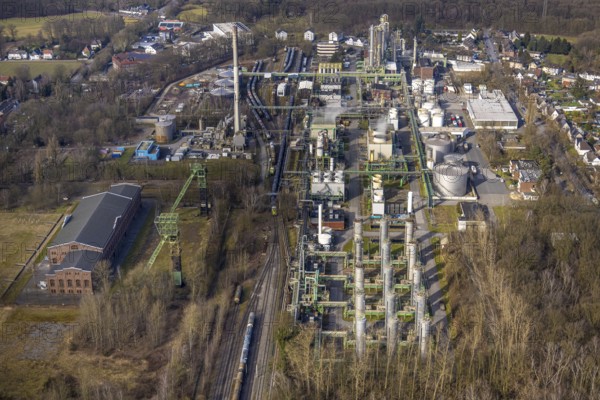 Aerial view, Zweckel machine hall and two headframes, Ineos Phenol chemical plant, Zweckel, Gladbeck, Ruhr area, North Rhine-Westphalia, Germany