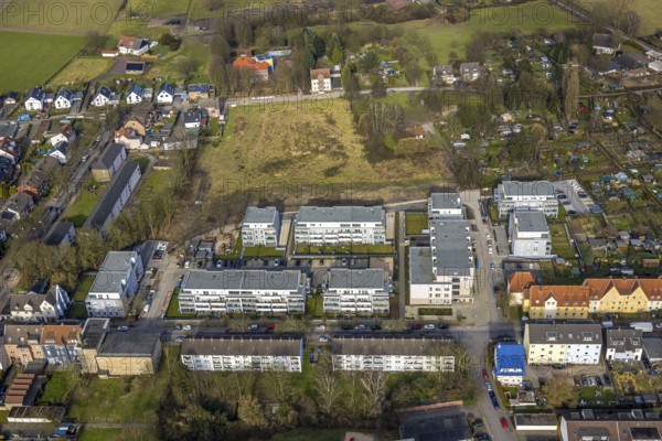 Aerial view, new housing estate Schlägelstrasse and Eisenstrasse, meadow area, Zweckel, Gladbeck, Ruhr area, North Rhine-Westphalia, Germany