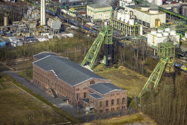 Aerial view, Zweckel machine hall and two headframes, Zweckel, Gladbeck, Ruhr area, North Rhine-Westphalia, Germany