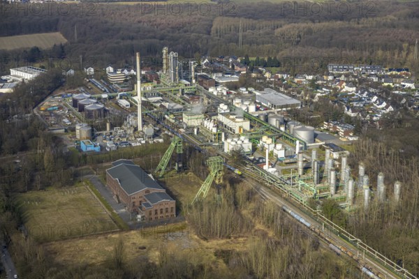 Aerial view, Zweckel machine hall and two headframes, Ineos Phenol chemical plant, Zweckel, Gladbeck, Ruhr area, North Rhine-Westphalia, Germany