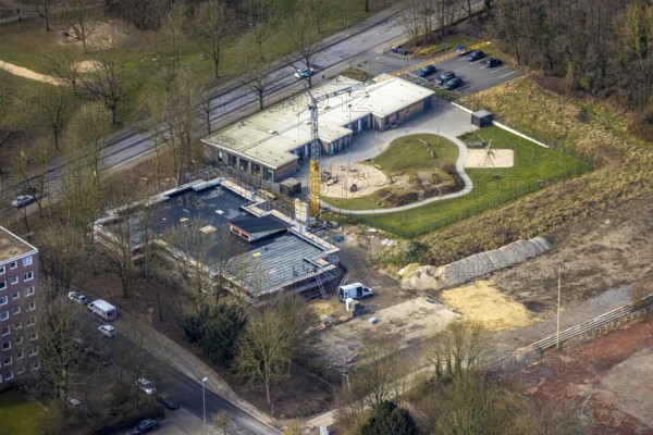 Aerial view, Städt. Kita Berliner Straße kindergarten, construction site with new kindergarten on the corner of Berliner Straße and Entfieldstraße, Rentfort, Gladbeck, Ruhr area, North Rhine-Westphalia, Germany
