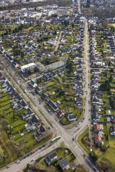 Aerial view, residential area local view district Rentfort, street crossing Kirchhellener Straße corner Josefstraße, residential houses with allotment garden, Rentfort, Gladbeck, Ruhr area, North Rhine-Westphalia, Germany
