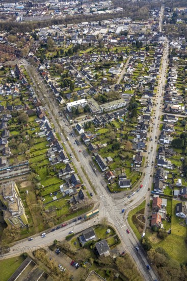 Aerial view, residential area local view district Rentfort, street crossing Kirchhellener Straße corner Josefstraße, residential houses with allotment garden, Rentfort, Gladbeck, Ruhr area, North Rhine-Westphalia, Germany