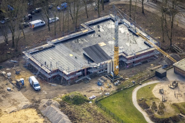 Aerial view, construction site with new kindergarten daycare centre on the corner of Berliner Straße and Entfieldstraße, Rentfort, Gladbeck, Ruhr area, North Rhine-Westphalia, Germany