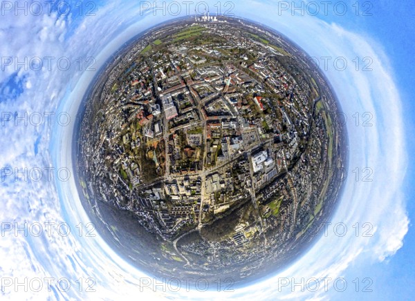 Aerial view, city centre view with ktah. Church St. Lamberti and town hall, behind the Uniper power plant Gelesenkirchen, earth globe, fisheye image, 360 degree image, tiny world, little planet, fisheye image, Gladbeck, Ruhr area, North Rhine-Westphalia, Germany