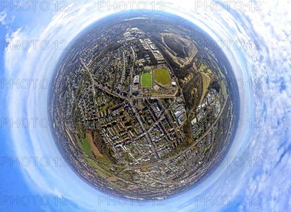 Aerial view, city centre view, SportPark Mottbruch, Sportpark und Freizeitpark Brüsseler Straße, sports ground SuS Schwarz Blau Gladbeck, earth globe, fisheye image, fisheye image, 360 degree image, tiny world, little planet, fisheye image, Gladbeck, Ruhr area, North Rhine-Westphalia, Germany