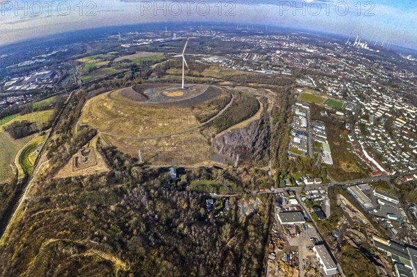 Aerial view, Mottbruchhalde with wind turbine wind power plant, behind the Uniper power plant Gelesenkirchen, globe, fisheye image, 360 degree image, tiny world, little planet, fisheye image, Brauck, Gladbeck, Ruhr area, North Rhine-Westphalia, Germany