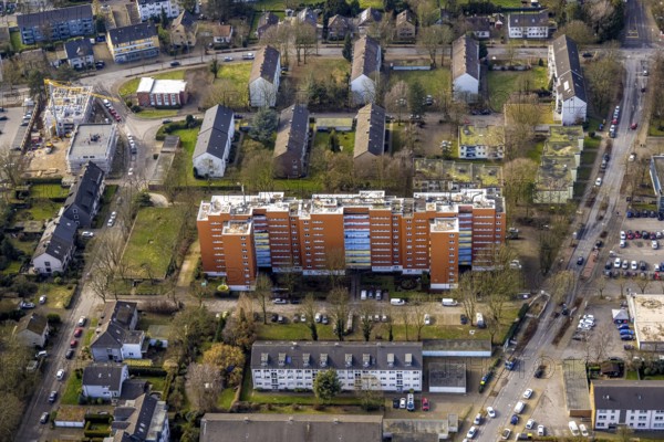 Aerial view, high-rise apartment building on Brunnenstraße, rust-coloured facade, Zweckel, Gladbeck, Ruhr area, North Rhine-Westphalia, Germany