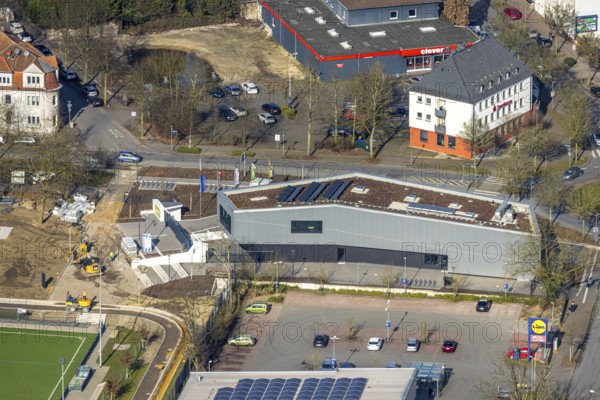 Aerial view, construction site and new sports building and integration building on the corner of Roßheidestraße and Welheimer Straße at SportPark Mottbruch, Brauck, Gladbeck, Ruhr area, North Rhine-Westphalia, Germany