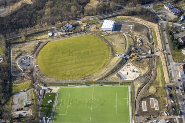 Aerial view, redesign of SportPark Mottbruch, sports park and leisure park, pump track facility and wet sand running track, Brüsseler Straße, SuS Schwarz Blau Gladbeck sports ground, Brauck, Gladbeck, Ruhr area, North Rhine-Westphalia, Germany