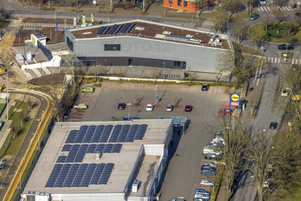Aerial view, construction site and new sports building and integration building on the corner of Roßheidestraße and Welheimer Straße at SportPark Mottbruch, Brauck, Gladbeck, Ruhr area, North Rhine-Westphalia, Germany