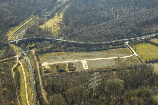 Aerial view, renaturalised Boye and hiking trails, wooded area on Horster Straße and two bridges, Boy, Bottrop, Ruhr area, North Rhine-Westphalia, Germany