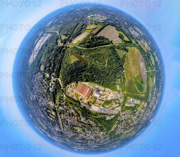 Aerial view, tailings pile Heringstraße, forest area and river Boye, industrial area Boystraße, earth globe, fisheye image, 360 degree image, tiny world, little planet, fisheye image, Brauck, Gladbeck, Ruhr area, North Rhine-Westphalia, Germany