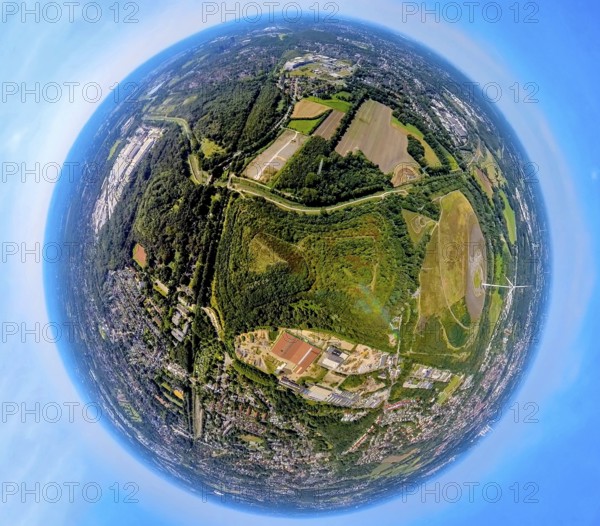 Aerial view, tailings pile Heringstraße, forest area and river Boye, industrial area Boystraße, earth globe, fisheye image, 360 degree image, tiny world, little planet, fisheye image, Brauck, Gladbeck, Ruhr area, North Rhine-Westphalia, Germany