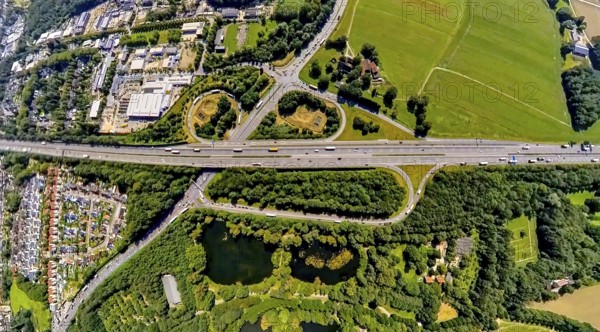 Aerial view, motorway A2, junction Essen/Gladbeck, federal road B224, truck in the exit loop, globe, fisheye image, fisheye image, 360 degree image, tiny world, little planet, fisheye image, Butendorf, Gladbeck, Ruhr area, North Rhine-Westphalia, Germany